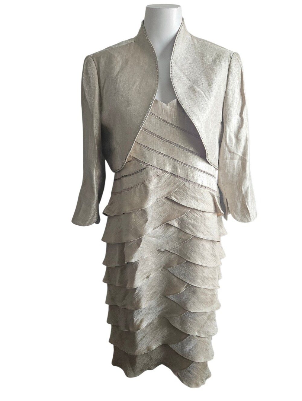 Adrianna Papell Champagne Beaded Tiered Ruffle Sheath Dress 12 Wedding Formal‎